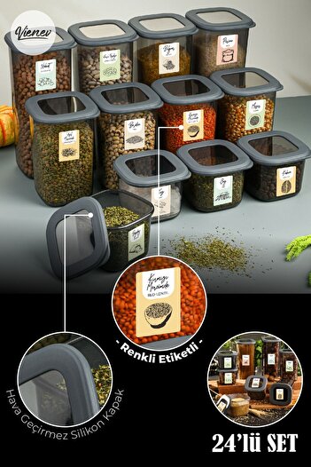 Vienev 24-Piece Foly Square Food Storage Container with Colorful Label 8x (0.55 Liters, 1.2 Liters, 1.75 Liters) Anthracite