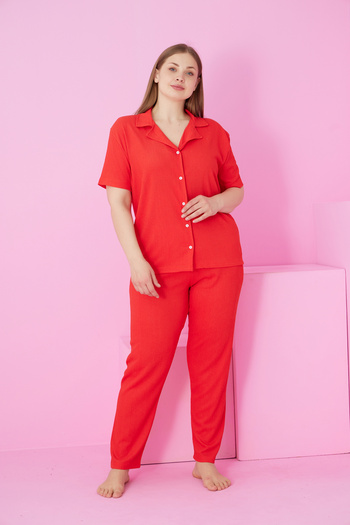 Siyah İnci floare de rodie Bürümcük Crinkle Fabric tricotat Costum de pijama cu nasturi de dimensiuni mari7874