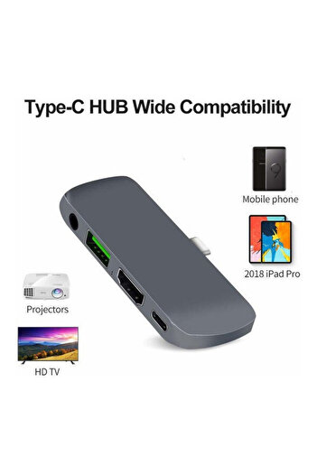 COOYA محول موزع USB-C 4 في 1 إلى صوت HDMI 3.5 مم بدقة 4K، رمادي