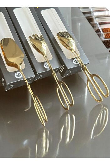 LeesHome Gold Luxury 3-Piece Tongs Set - Stainless Steel Serving Salad Cake