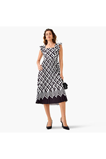 FAV Pleated Midi Dress with Ruffle Sleeves