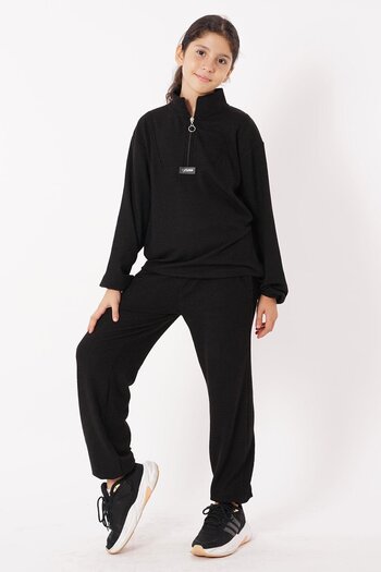 zepkids Turtleneck Black Girl's Tracksuit Set - with Crest Detail and Zipper