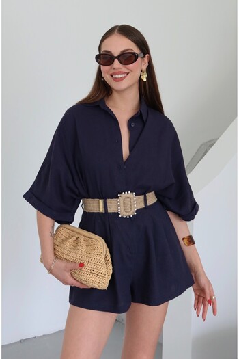 Laluvia Navy Blue Straw Belted Shirt Shorts Set - 51036