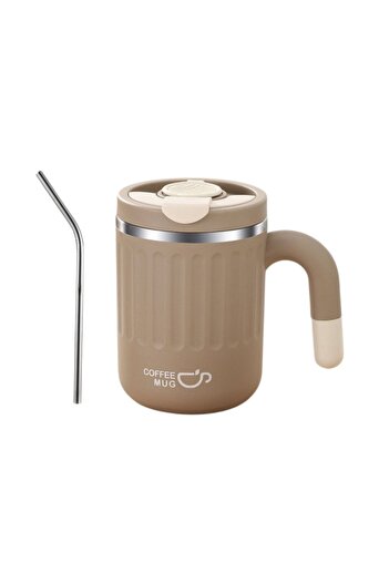 ECARLA Thermos Mug With Lid And Straw – 480 Ml, Brown