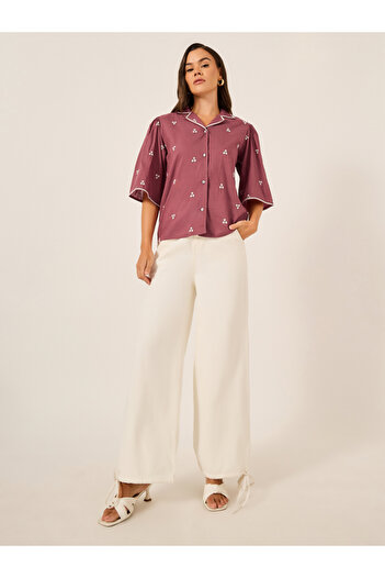 Styli Embroidered Notch Lapel Buttoned Top with Flared Sleeves