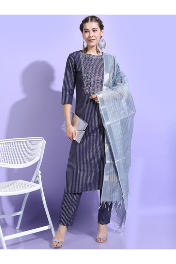 Vishudh By Styli Women Blue Striped Cotton Kurta Set