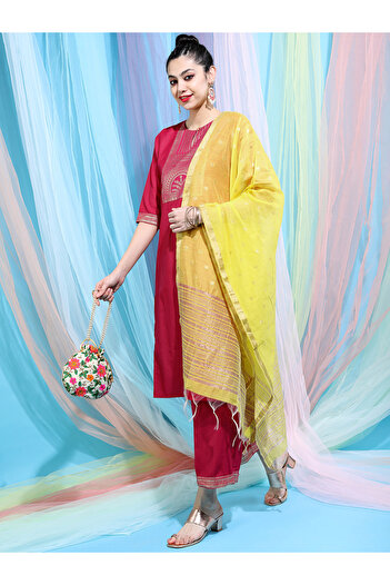 Vishudh By Styli Women Red Printed Kurta with Palazzo & Dupatta