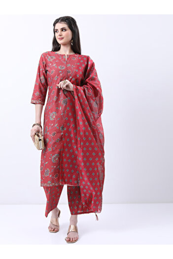 Vishudh By Styli Red Floral Printed Kurta Set with Palazzo Pants and Dupatta
