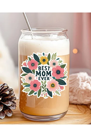 Hiras Dizayn Special for Mother's Day Best Mom I Love Mom Patterned Cold Coffee Soft Drink Cocktail Drink Glass with Straw