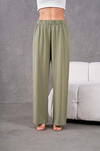 MVStore Women's Elastic Waist Wide Leg Comfortable Fit Linen Trousers