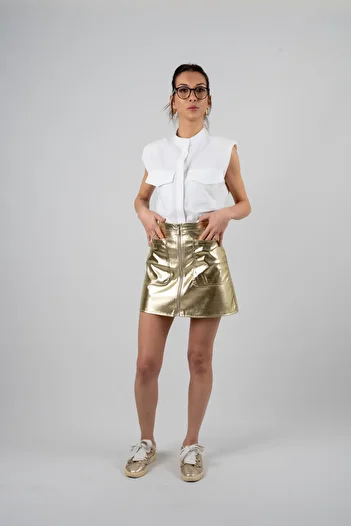 NK Golden Yellow Golden Leather Pocket Zippered Skirt Shine X Golden Touch