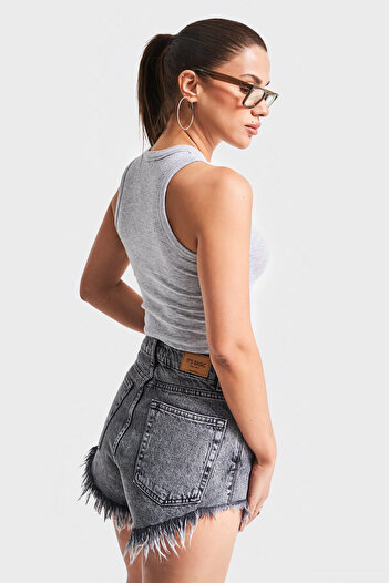 its basic Kadın Gri Renk s5-107 Halter Yaka Esnek Kaşkorse Kumaş Crop Top Body