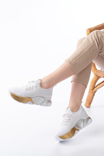 Aymood RS-400 Beyaz Bağcıklı Fileli Renkli Taban Günlük Kadın Spor