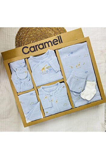 Caramell Hastane Çıkışı 10 Lu Yazlık Özel Üretim Safari (zürafa ) Desenli Müslin Mavi Ve Ekru// 2125
