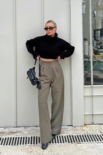 Swist Khaki Hera Elastic Waist Pocket Palazzo Women's Trousers