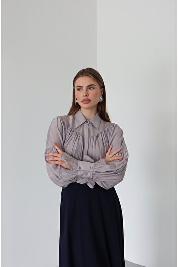 Laluvia Gray Shirred Design Shirt - 102116