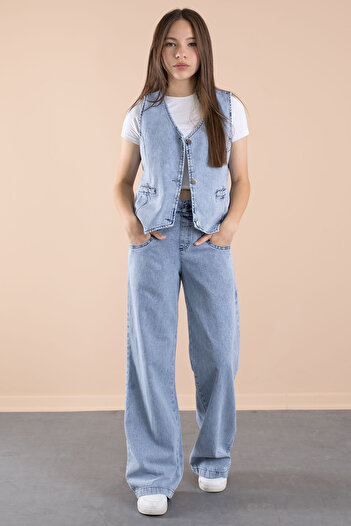 Cansın Mini Set 2 piese pentru fetiță cu vestă de jeans cu nasturi albastru și pantaloni cu picioare largi 20636
