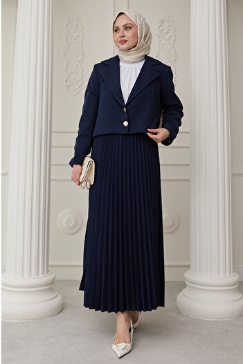InStyle Σετ Navy Blue με μπουφάν με δύο κουμπιά και πλισέ φούστα