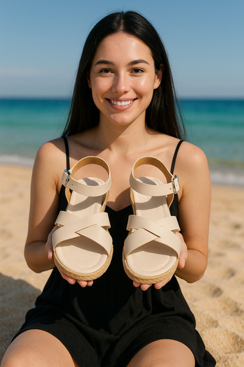 StWenn Cream Women's Casual Cross Strap Sandals Summer Comfortable Sole Shoes Business Office Beach Outdoor