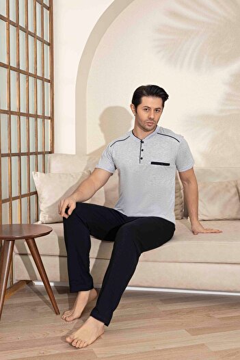 Tarık Men's Gray Melange-Black Combination Short Sleeve Trousers Pocket Combed Cotton Fabric Pajama Set