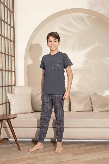 Tarık Men's Fume Plaid Kise Square Pattern Short Sleeve Father-Son Combi Summer Pajama Suit