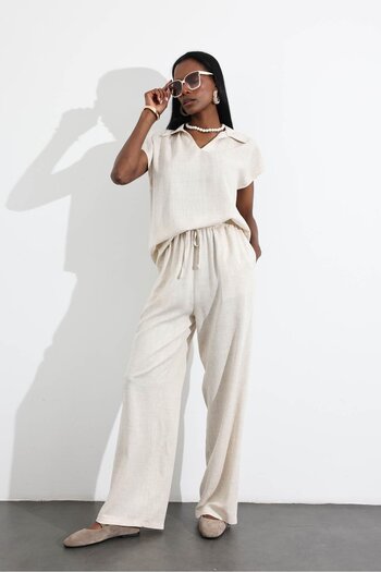 5in1Canpolat Natural Shirt Collar Blouse Pants Set