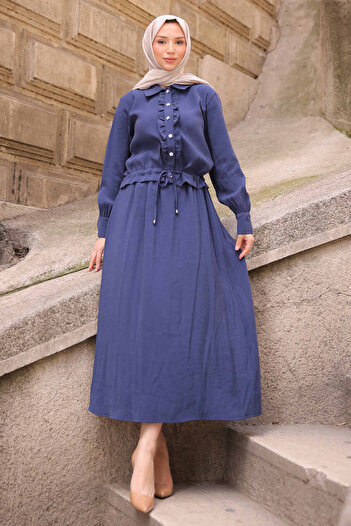 İmajButik Indigo Ruffled Front Modal Shirt Skirt Suit