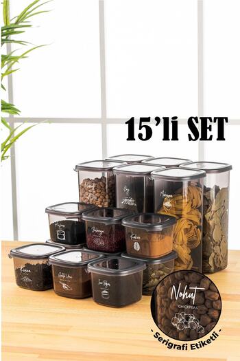 Vienev 15-Piece Peggy Square Food Storage Container with White Screen Printing Label 9x(0.55 LITERS) - 6x(1.75 LITERS) Anthracite