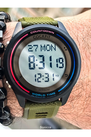 Cockpit Green Color Silicone Cord, Illuminated, Digital Sports Men's Wristwatch Bracelet Suitable for Pool Sea Use