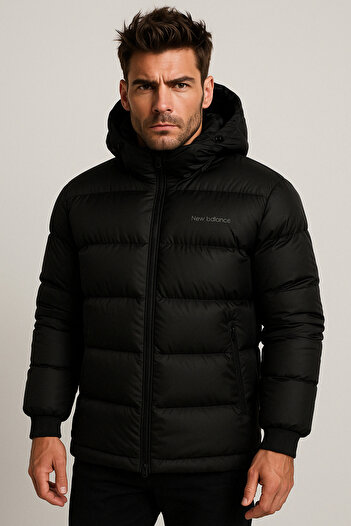 New Balance NB Ανδρικό Puffer Jacket με κουκούλα μαύρο χειμωνιάτικο πουπουλένιο παλτό