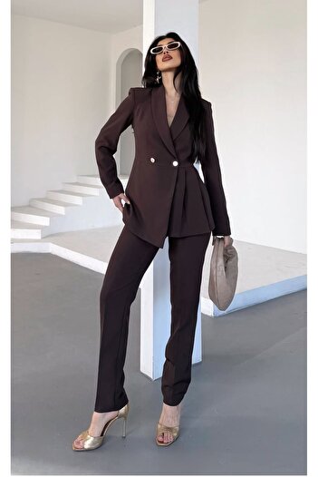 pembekurdelem Women's Pleated Jacket Pantalon Set Brown