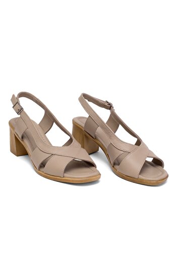 Ayakkabı Fuarı Beige Women's Heeled Sandals - Elit Koc15-06 Genuine Leather