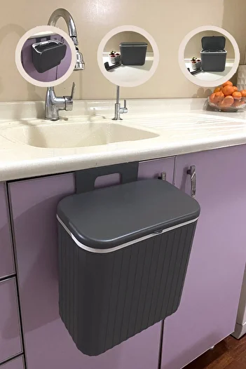Comprox Anthracite Gray Striped 15 Lt Kitchen Countertop and Shelf Garbage Bin