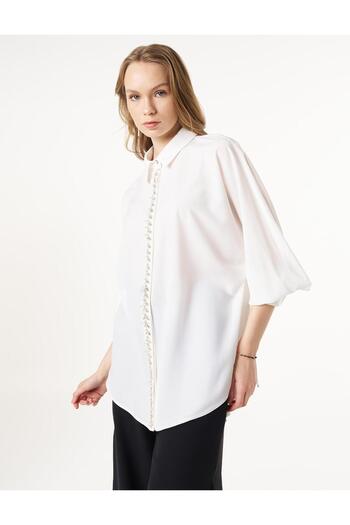 Kayra Embroidered Ecru Shirt Collar Tunic