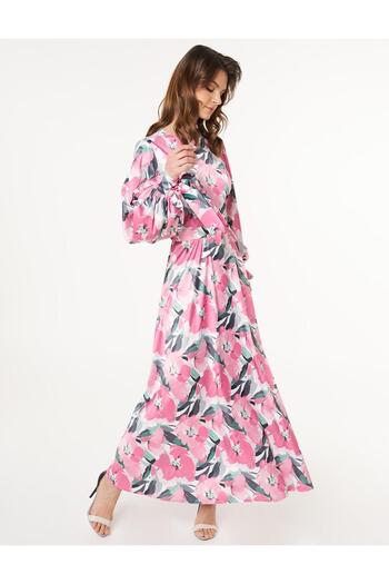 Kayra Floral Pattern Satin Dress Powder