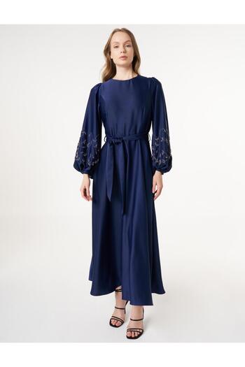 Kayra Embroidered Satin Dress Navy Blue