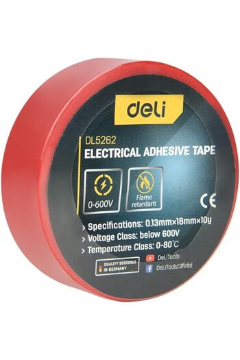 Deli PVC Electrical Insulating Tape, 0.13 mm x 18 mm x 10 Meter Size, Red