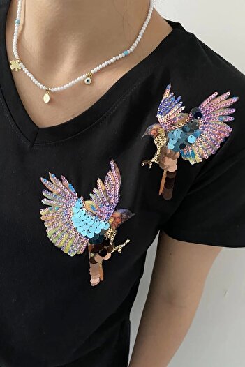 Bİ.GİYSEN Black V-Neck Lycra Cotton Combed Cotton - Plus Size Bird Blouse
