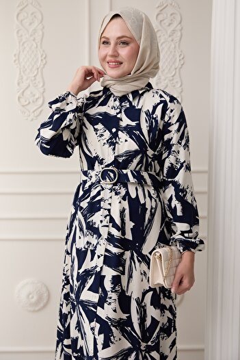 InStyle Buttoned Brush Pattern Navy Blue Viscose Dress