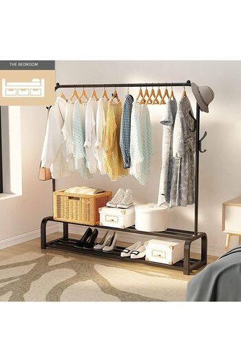 COOYA Metal Double Clothes Rack, With Hooks, 110x54x150cm, Hanger for Hanging Clothes, Black