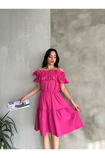 LE CARAMBOLE Women's Fuchsia Ruffled Madonna Collar Pocket Detailed Short Summer Dress