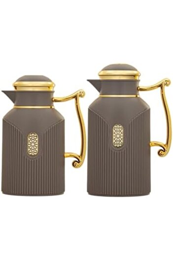ALSAIF Deva Coffee And Tea Vaccum Flask Set In Brown/gold / Leak-proof And Keeps Drinks Hot 1.0/0.7 Liter