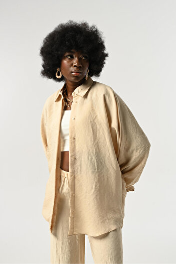 Orfeo Negro Women's Sleeve Lace-Up Detail Crinkle Fabric Solid Color Oversize Shirt