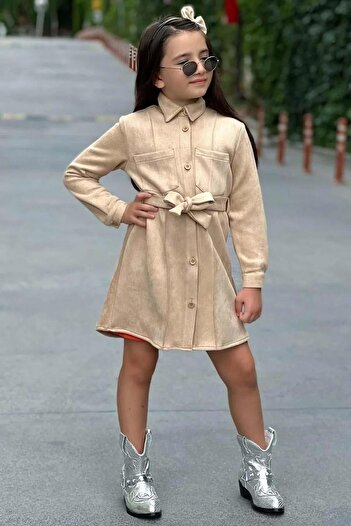 Riccotarz Girl's Belt Detailed Nubuck Jacket Twill Long Sleeve Orange Dress