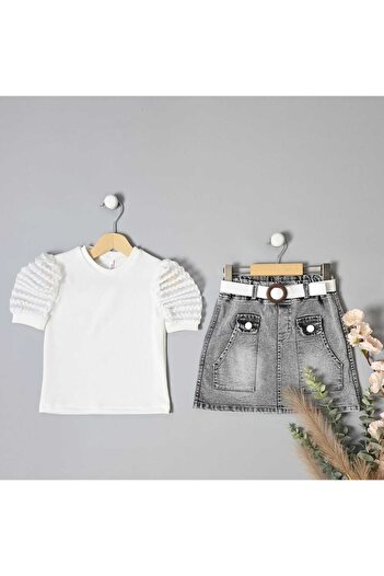 BLR KİDS Girl Child Seersucker Sleeve Denim Skirt Bottom Top Set