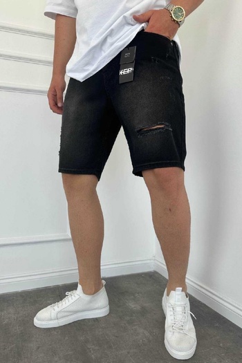 MADZEYMODA Men's Denim Fabric Black Ripped Detailed Jean Shorts Ke-534
