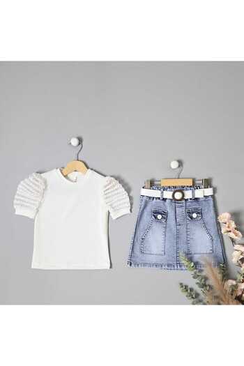 BLR KİDS Girl Child Seersucker Sleeve Denim Skirt Bottom Top Set
