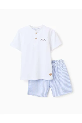 Ziddy Cotton Pyjama with Stripes for Boys, White/Blue