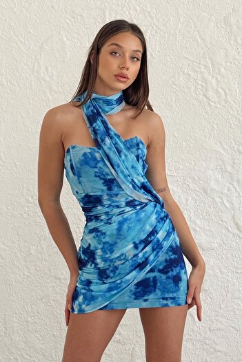 WOMAN VISION Rochie mini pentru femei cu imprimeu albastru, cu căptușeală din tul, fără bretele, cu drapaj și detaliu cu coadă