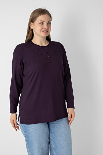 Orly More Viscose Fabric Mini Slit Plus Size Long Sleeve Mother Combed Cotton Blouse with Collar and Button Detail